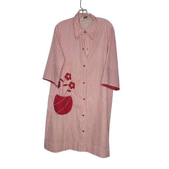 VINTAGE Red White Striped Models Coat Housecoat Housedress Large Pocket Snaps - Picture 1 of 8